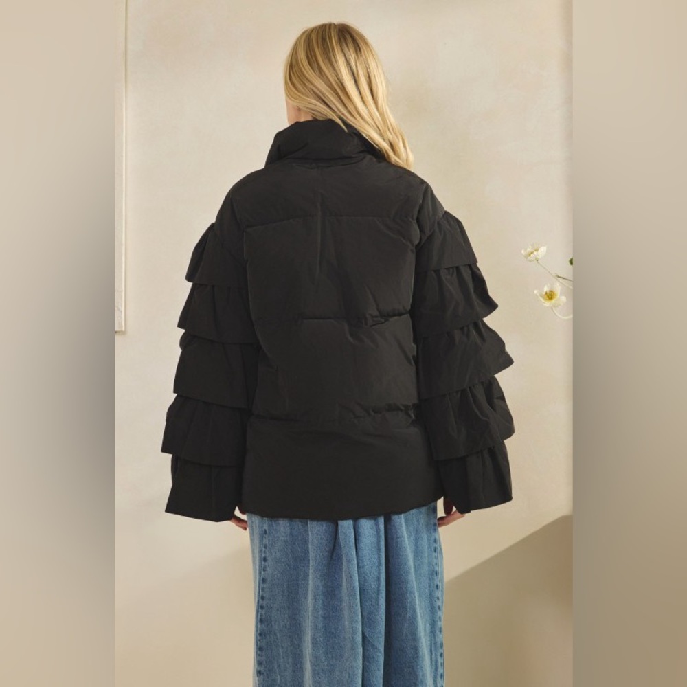 #136 Ruffle Puffer Jacket- Black - Picture 4 of 6